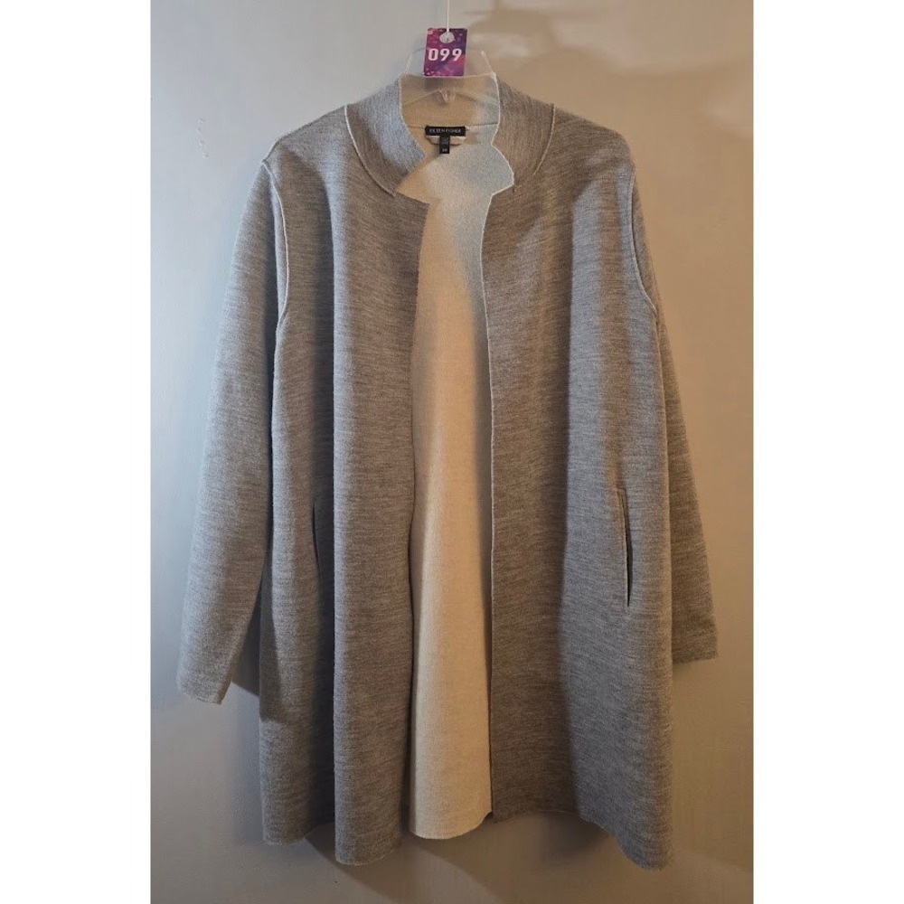 Eileen Fisher Womens Cardigan Grey Merino Wool Blend Open Front Long Sweater S/P